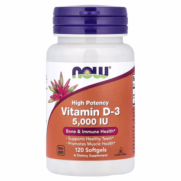NOW Foods, Vitamina D-3, Alta potencia, 125 mcg (5000 UI), 120 cápsulas blandas